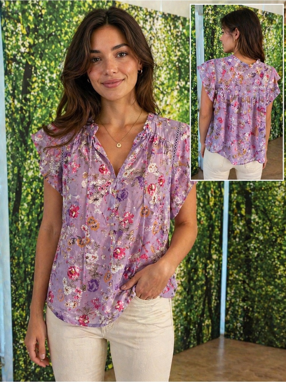 Buffalo David Bitton Lavender Floral Flutter-Sleeve Blouse